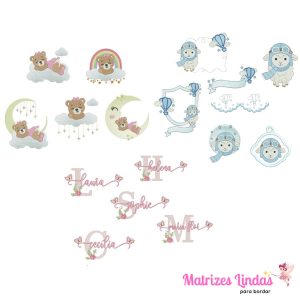 Matriz de Bordado – Coleção Ursinha Soneca – Coleção Ovelhinha Aviador – 120 Nomes Flor e Borboletas