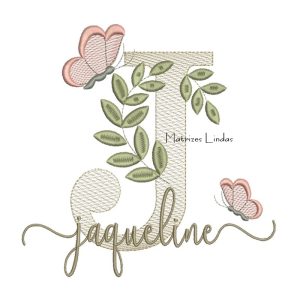 Matriz de Bordado Nome Jaqueline folhas e Borboletas