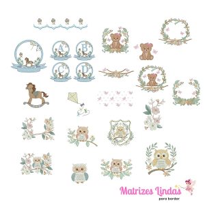 Matriz de Bordado – Coleção Moldura Floral com Ursinha MAIS Coleção Moldura Cavalinho MAIS Coleção Corujinha no Galho