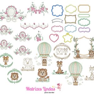 Matriz de Bordado – Coleção Raminho Flores e Alfabeto Mais Coleção Tags e Chaveiros Mais Coleção Leãozinho e Girafinha